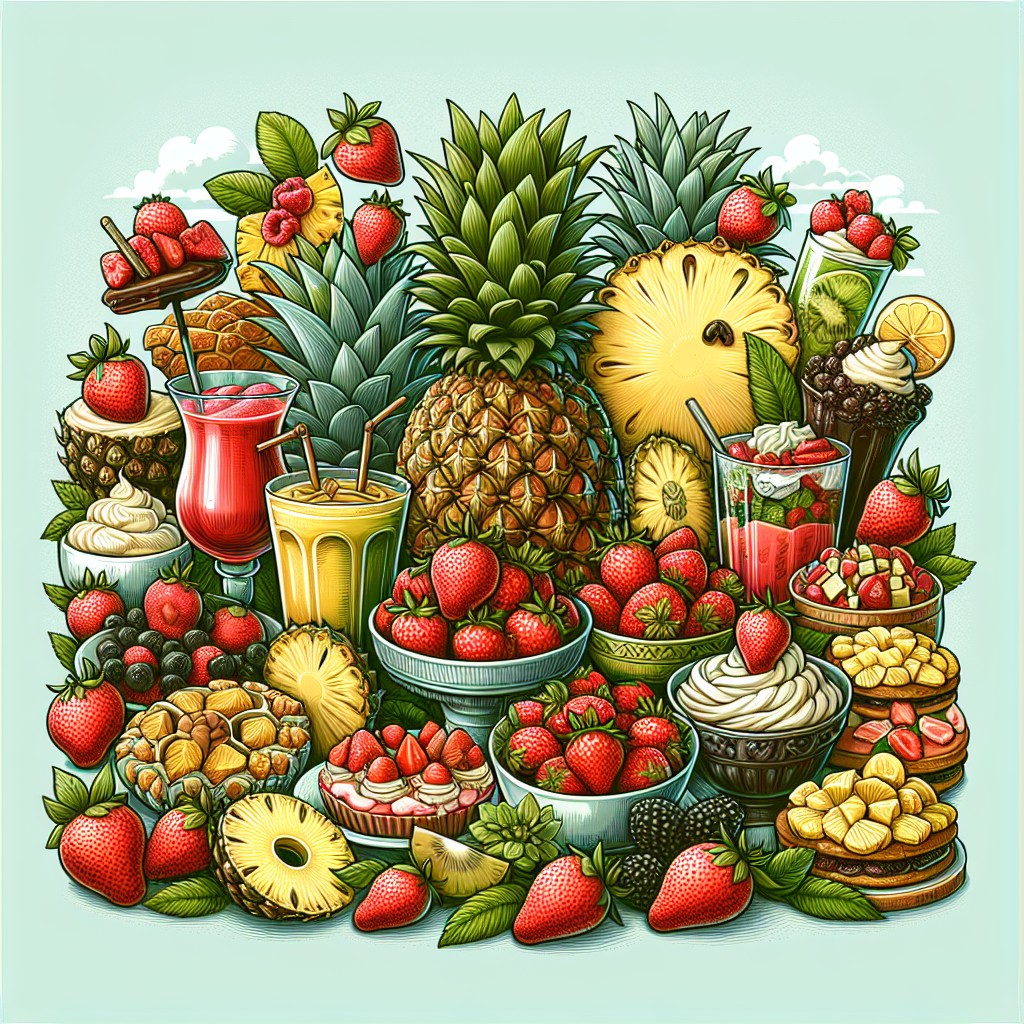 Imagem mostrando duas frutas populares: um abacaxi amarelo e redondo com uma coroa verde e um morango vermelho e suculento com sementes amarelas.
