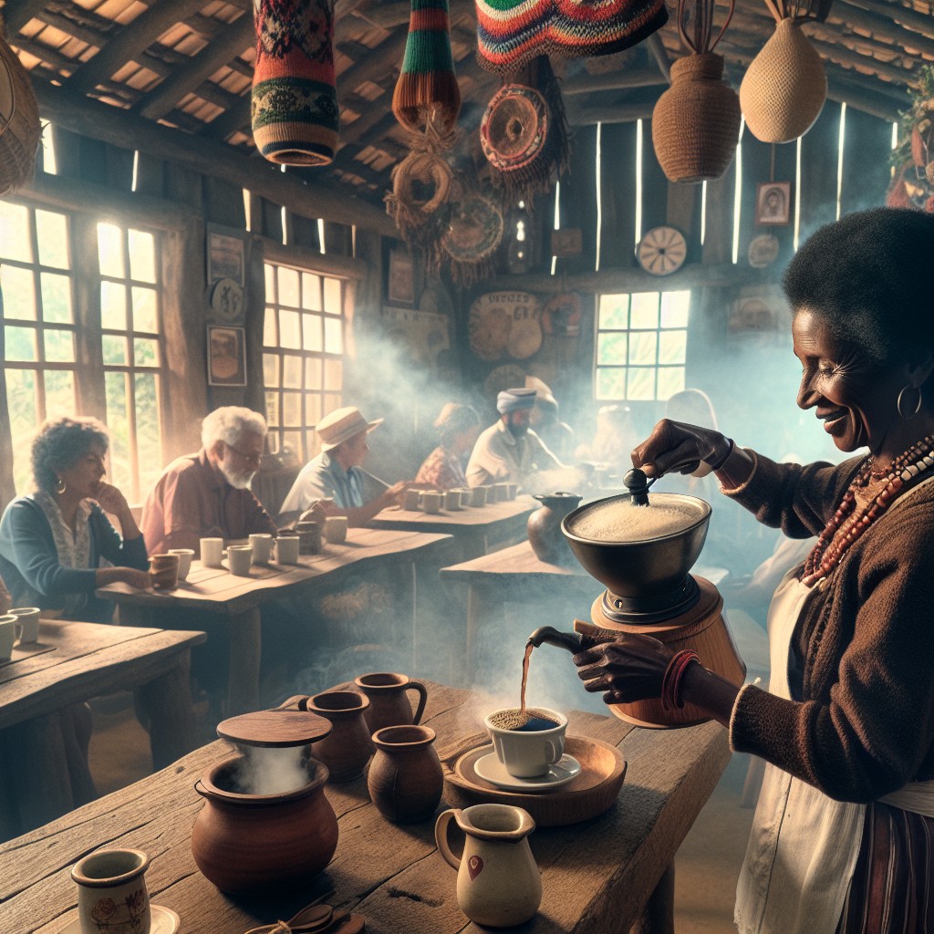 Imagem de uma mulher usando um fogão à lenha para preparar café em uma panela de barro em um ambiente rústico. No primeiro plano, há uma xícara de café e uma colher.