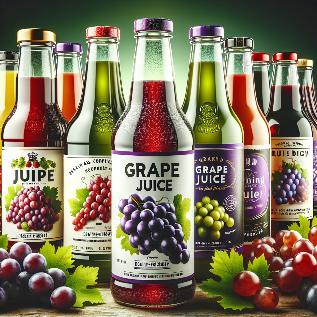 Imagem mostrando várias garrafas de suco de uva de diferentes marcas, destacando as qualidades saudáveis e amigas da saúde desses sucos.
