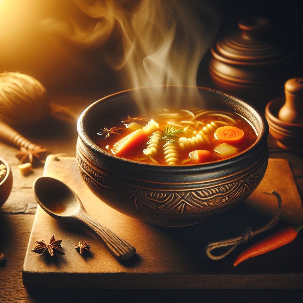 Uma tigela de sopa fumegante, com legumes coloridos, pairando sobre uma mesa de madeira.