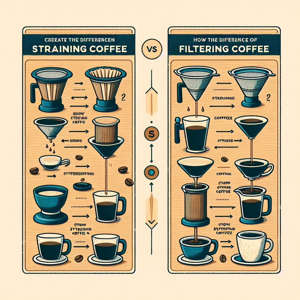 Imagem de uma cafeteira de prensa francesa mostrando o processo de coar café. O café moído é colocado no fundo da cafeteira, água quente é adicionada e a prensa é baixada lentamente para separar os grãos do líquido.